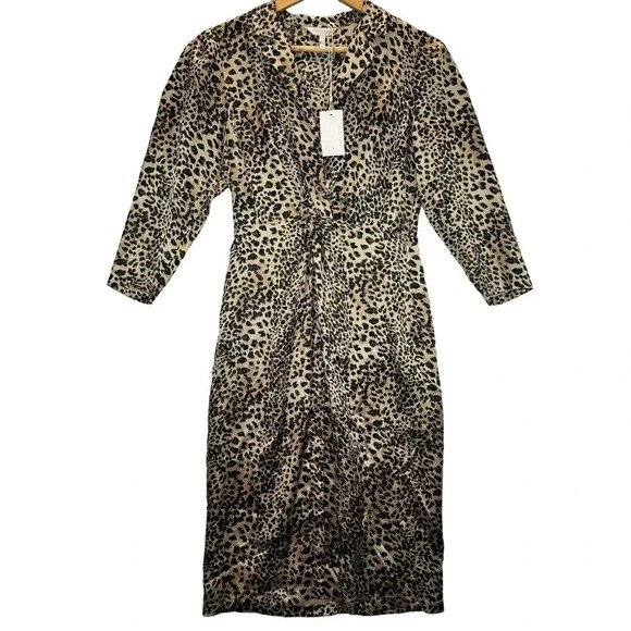 NWT Rebecca Taylor Lynx Tie Silk Leopard Print Satin Long Sleeve Dress Size 0 - Picture 2 of 8